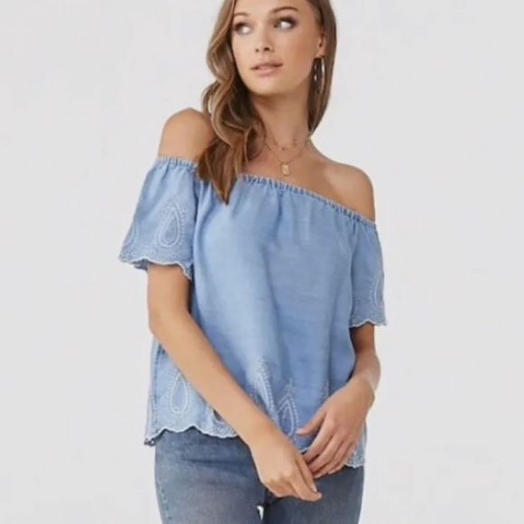 Embroidered Off Shoulder Top Chambray‎ forever 21 - Picture 2 of 9